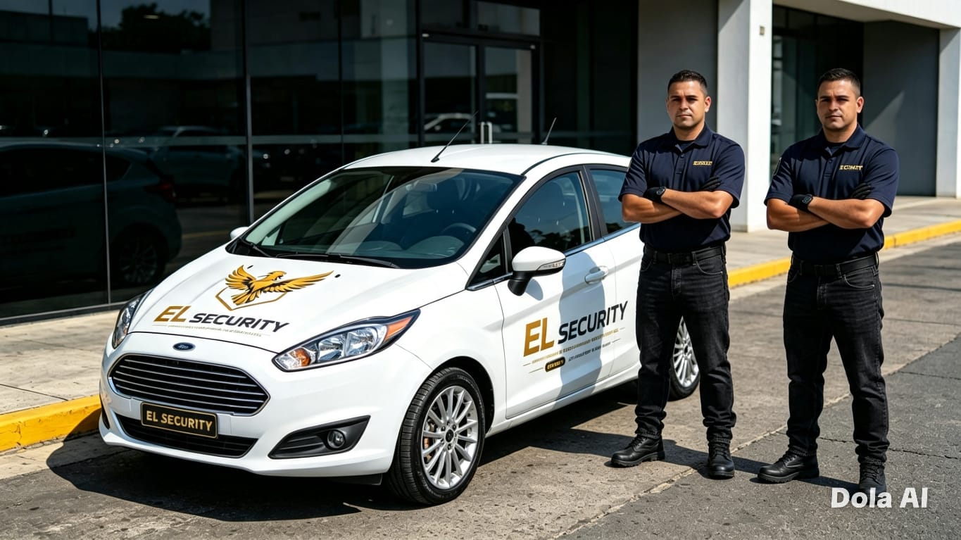 Carro da EL Security com dois homens uniformizados em frente a um prédio