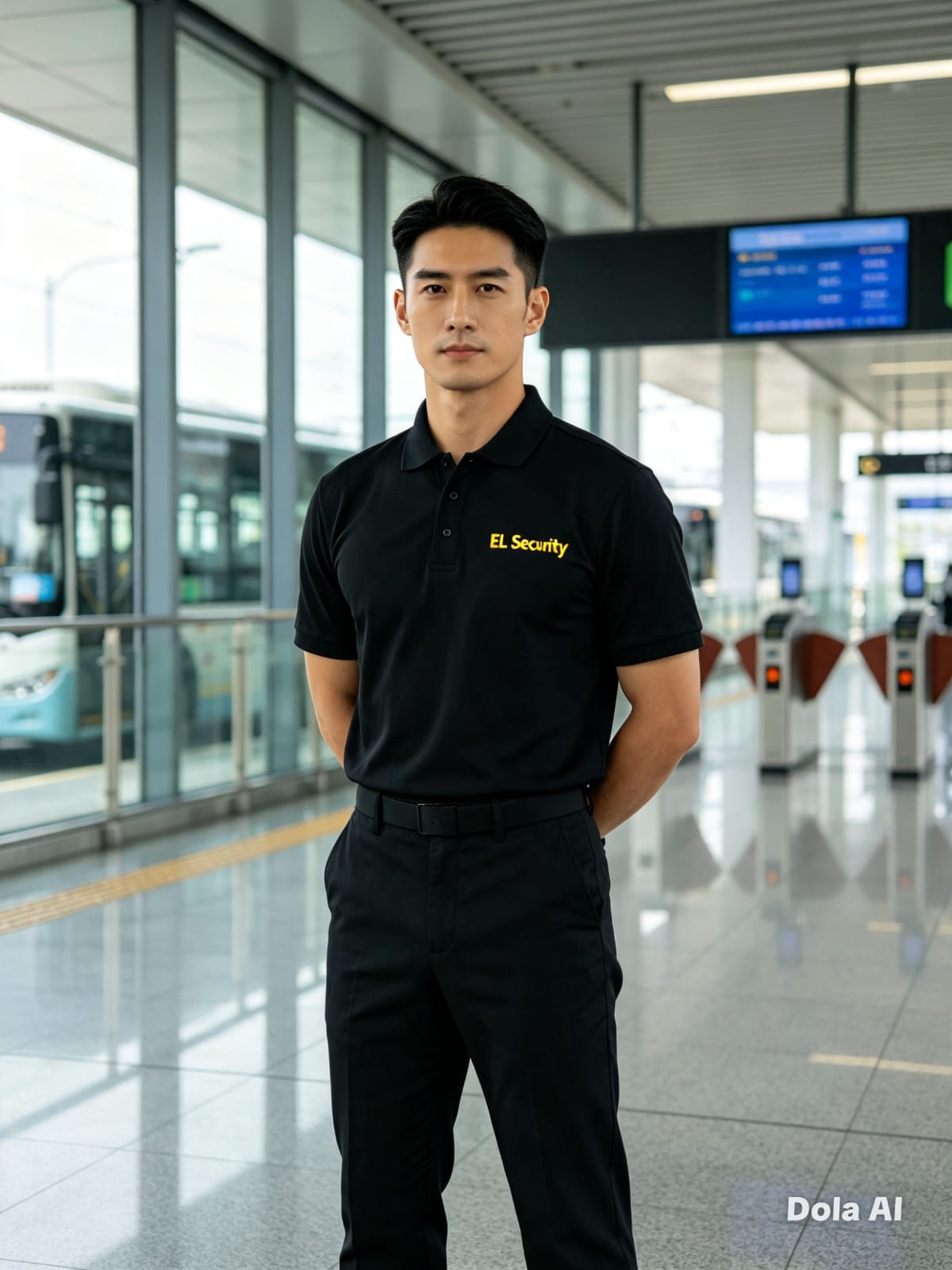 Vigilante da EL Security uniformizado em um terminal