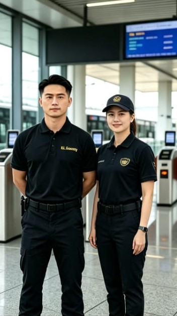 Dois agentes de segurança da EL Security uniformizados em um terminal