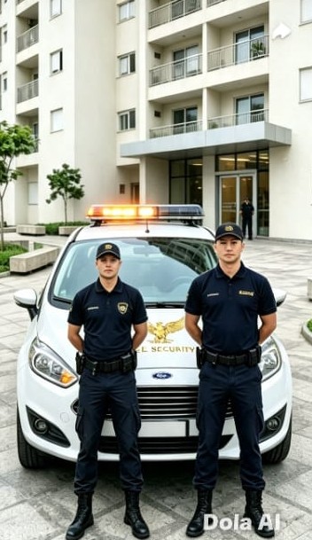 Dois agentes da EL Security em frente ao carro da empresa em um condomínio